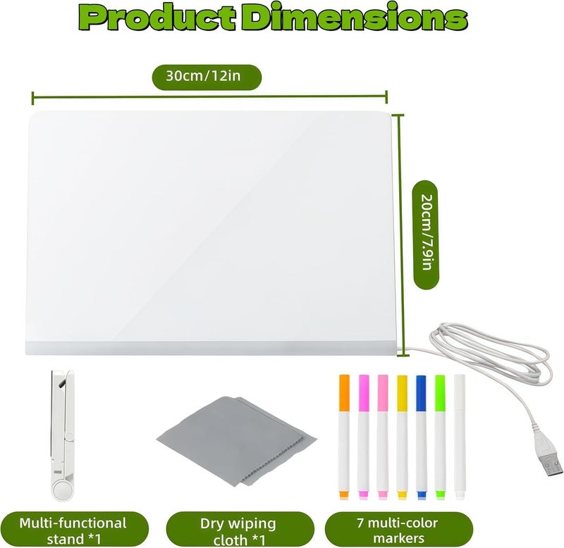 Sweetone Acrylic Dry Erase Board with Light LED Note Board with Colors 11.8 X 7.9 Light up Acrylic Message Marker Board with Adjustable Stand Glow Memo Note Rewritable LED Drawing Board with 7 Pens - Image 5